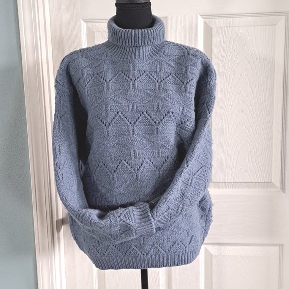 SISLEY Vintage 100% Virgin Wool Chunky Knit Cut Out Turtleneck Pullover Sweater - Picture 2 of 8